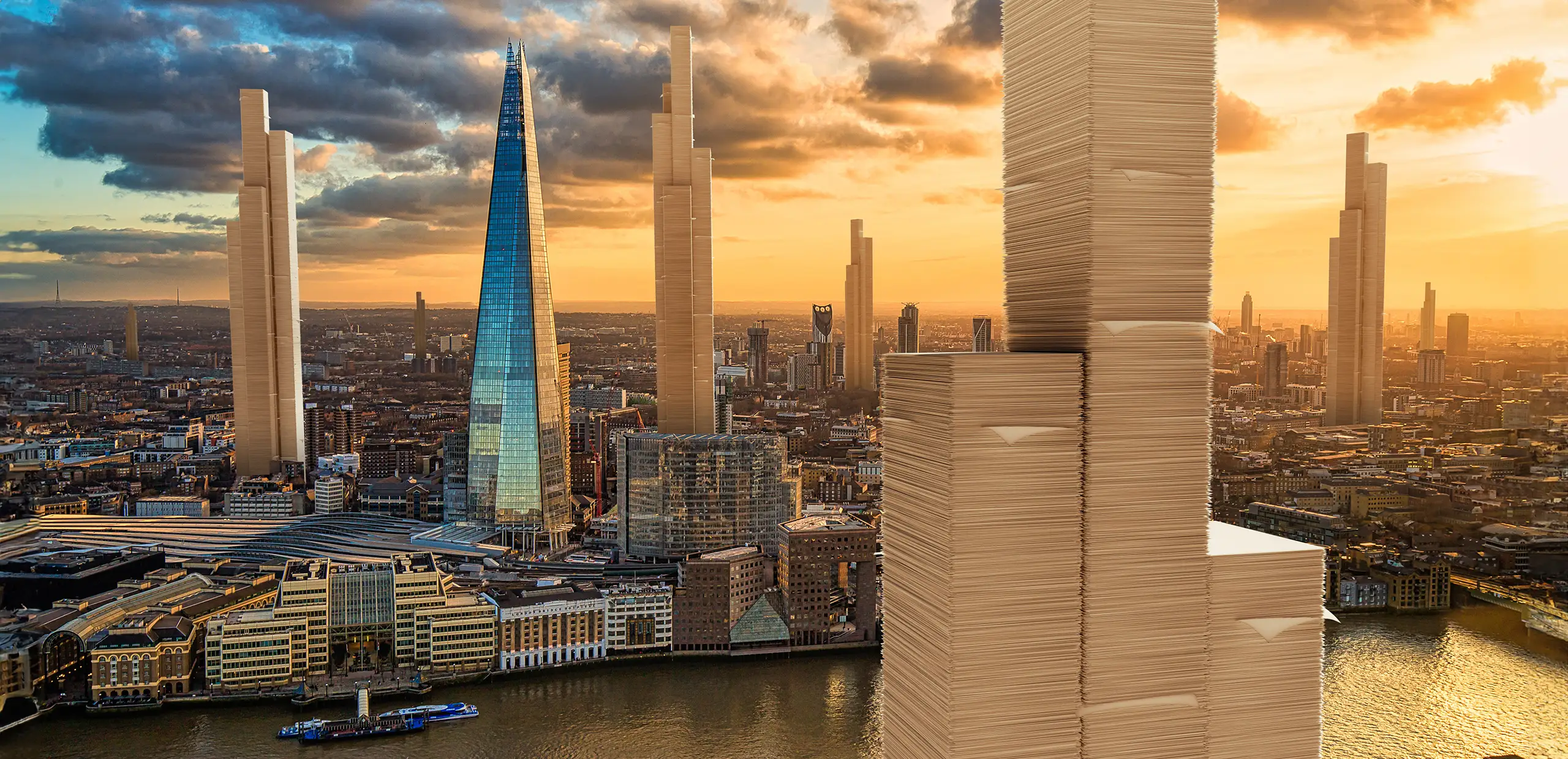 London Shard building surrounded by stacks of paper