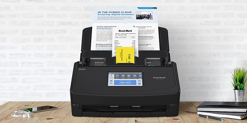 scansnap ix1600 scanner in black with different sized paper on its feeder